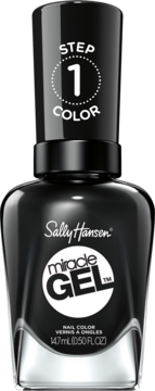 Czarny lakier Sally Hansen Miracle Gel 460 Onyx-Pected, butelka z białym logo i napisem STEP 1 COLOR.