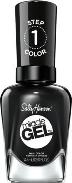 Czarny lakier Sally Hansen Miracle Gel 460 Onyx-Pected, butelka z białym logo i napisem STEP 1 COLOR.