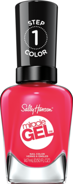Sally Hansen Miracle Gel lakier, odcień Pink Tank, różowy flakon z czarną nakrętką "STEP 1". Widok z przodu.