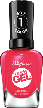 Sally Hansen Miracle Gel lakier, odcień Pink Tank, różowy flakon z czarną nakrętką "STEP 1". Widok z przodu.