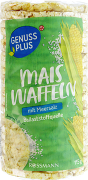 Genuss Plus wafle kukurydziane 115g, zielone opakowanie z kukurydzą, widok z przodu, z solą morską.