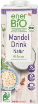 Biały karton enerBiO Mandel Drink Natur 0% Zucker, z migdałami, szklanką napoju, widok z przodu.