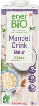 Biały karton enerBiO Mandel Drink Natur 0% Zucker, z migdałami, szklanką napoju, widok z przodu.