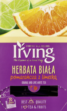 Pudełko białej herbaty Irving o smaku pomarańczy i limonki, z plasterkami owoców na żółtym tle, widok z przodu.
