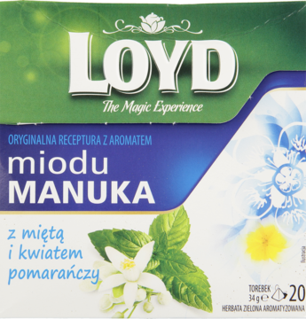 LOYD ,herbata zielona aromatyzowana z miętą i kwiatem pomarańczy oraz z aromatem miodu Manuka,przód