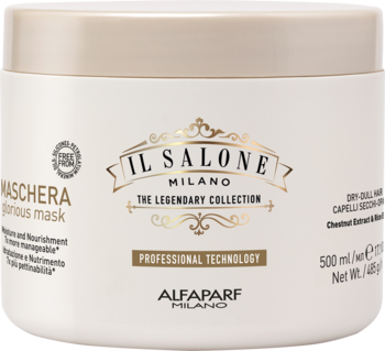 Biała maska Il Salone Milano do suchych włosów, 500ml, widok z przodu, z nakrętką i złotym logo.