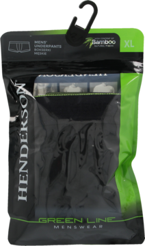 Bokserki męskie Henderson XL z włókien bambusowych w czarno-zielonym opakowaniu z folii, widok z przodu.