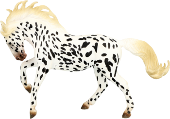 Figurka konia Appaloosa, biała w czarne cętki, z jasną grzywą i ogonem, w dynamicznej pozie.