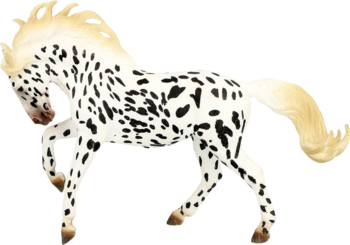 Figurka konia Appaloosa, biała w czarne cętki, z jasną grzywą i ogonem, w dynamicznej pozie.