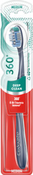 Colgate 360 Deep Clean średnia szczoteczka w czerwono-zielonym opakowaniu z recyklingu, widok z przodu.