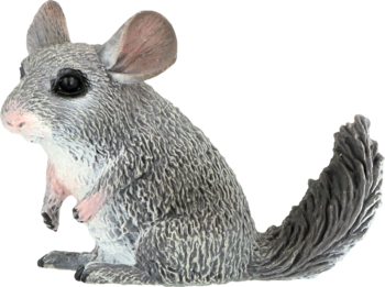 Szara figurka szynszyla, siedząca bokiem, z puszystym ogonem i realistycznym futrem, widok z boku.