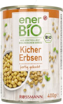 Puszka ciecierzycy enerBiO gotowanej, z biało-brązową etykietą i widoczną miską z ziarnami, 400g.