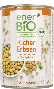 Puszka ciecierzycy enerBiO gotowanej, z biało-brązową etykietą i widoczną miską z ziarnami, 400g.