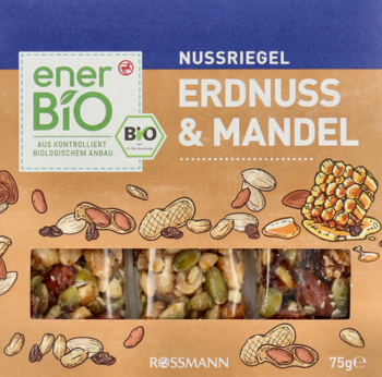 enerBio baton orzechowy Erdnuss & Mandel 75g, niebiesko-brązowe opakowanie, z widocznymi 3 batonami w okienku.