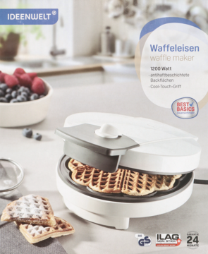 Biała gofrownica Ideenwelt 1200W z otwartą klapą, na blacie kuchennym, obok gotowe gofry.