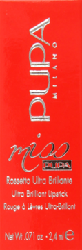 Czerwone opakowanie pomadki PUPA Milano Miss PUPA Ultra Brilliant Lipstick z srebrnym napisem, widok z przodu.