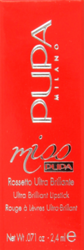 Czerwone opakowanie szminki PUPA Miss PUPA Ultra Brilliant Lipstick ze srebrnymi napisami, widok z przodu.
