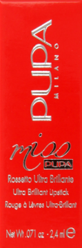 Czerwone opakowanie pomadki Pupa Milano Miss Pupa Ultra Brilliant Lipstick z srebrnymi napisami, widok z przodu.