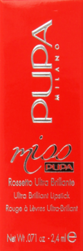 Front view of Pupa Ultra Brilliant Lipstick in red rectangular packaging, featuring silver text details.