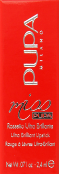 Czerwone kartonowe opakowanie szminki PUPA MILANO Miss PUPA Ultra Brilliant Lipstick, przód z srebrnym logo.