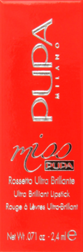 Czerwone opakowanie PUPA MILANO Ultra Brilliant Lipstick, widok z przodu, srebrne napisy: Miss PUPA, Rossetto Ultra Brillante.