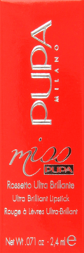 Czerwone opakowanie szminki PUPA Miss PUPA Ultra Brilliant Lipstick, widok z przodu, srebrne napisy.