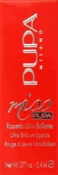 Czerwone, prostokątne opakowanie szminki PUPA Milano Ultra Brilliant Lipstick 2.4ml, widok z przodu.