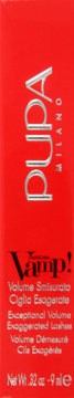 PUPA Vamp! mascara w czerwonym pudełku z napisami 'Exceptional Volume' i 'Exaggerated Lashes', widok z przodu.