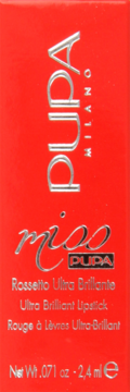 Czerwona pomadka PUPA Miss Pupa Ultra Brilliant Lipstick w opakowaniu z srebrnym tekstem, widok z przodu.