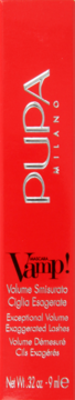 PUPA Vamp! mascara w czerwonym kartoniku, srebrne napisy, 'Exceptional Volume, Exaggerated Lashes'.