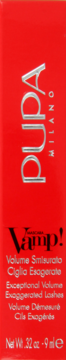 Czerwone opakowanie tuszu PUPA Milano Vamp! z srebrnym logo i tekstem Exceptional Volume, 9 ml, widok z przodu.