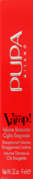 Pupa Vamp! Mascara w czerwonym kartonowym opakowaniu, widok z przodu, z srebrnymi napisami.
