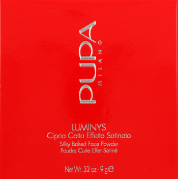 Pupa Luminys Silky Baked Face Powder in a vibrant red square box with silver text, front-on view.