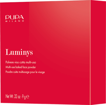 PUPA MILANO Luminys multi-use baked face powder w czerwonym pudełku. Widok z przodu, białe napisy i logo.