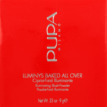 Czerwone, kwadratowe opakowanie pudru Pupa Luminys Baked All Over Illuminating Blush-Powder.