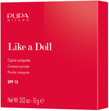 Czerwone opakowanie matującego pudru kompaktowego PUPA MILANO Like a Doll SPF 15, widok lekko z boku.