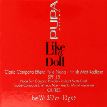 PUPA Like a Doll Nude Skin Compact Powder, czerwone pudełko z matowym wykończeniem, SPF 15, OIL FREE.