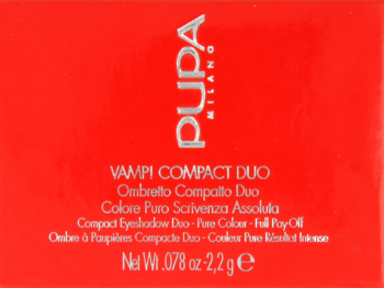 Czerwone opakowanie Pupa Vamp! Compact Duo – wysoko napigmentowane podw+jne cienie do powiek, bia+łe napisy.