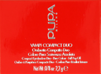 Cienie Pupa Vamp! Duo 005 Milk Chocolate w czerwonym kartoniku, widok z przodu, z białymi napisami.