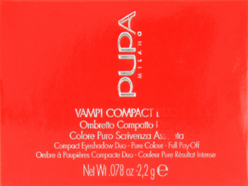 Czerwone opakowanie cieni Pupa Vamp! Compact Duo, widok z przodu, z białym logo i opisem.
