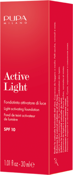 PUPA MILANO Active Light, podkład SPF 10 w czerwonym kartoniku, widok z przodu i boku.