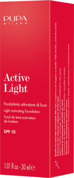 Czerwone opakowanie podkładu PUPA Active Light z SPF 10, widok z przodu, z białymi napisami.