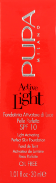 PUPA Active Light podkład SPF 10 Oil Free w czerwonym pudełku, srebrne logo, widok z przodu.