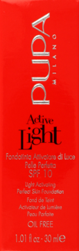 Czerwony podkład Pupa Active Light SPF 10 Oil Free, widok z przodu prostokątnego opakowania.