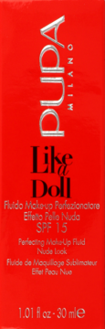 Czerwone opakowanie podkładu PUPA Like a Doll Perfecting Make-Up Fluid Nude look z filtrem SPF 15.