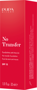 Czerwone opakowanie podkładu PUPA MILANO No Transfer SPF 15, długotrwale matującego, widok z przodu.