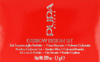 Czerwone opakowanie PUPA Eyebrow Design Set, widok z przodu, z białymi napisami i wagą.