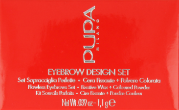 Czerwone pudełko Pupa Milano Eyebrow Design Set z białym pionowym logo i nazwą, widok z góry.