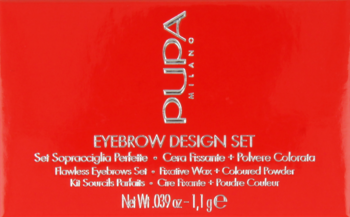 Pupa Eyebrow Design Set w czerwonym pudełku, widok z przodu. Zawiera wosk i puder do stylizacji brwi.