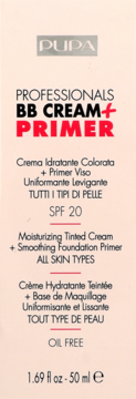PUPA BB Cream + Primer SPF 20, nawilżający, wygładzający, beztłuszczowy. Jasnoróżowe opakowanie, widok z przodu.